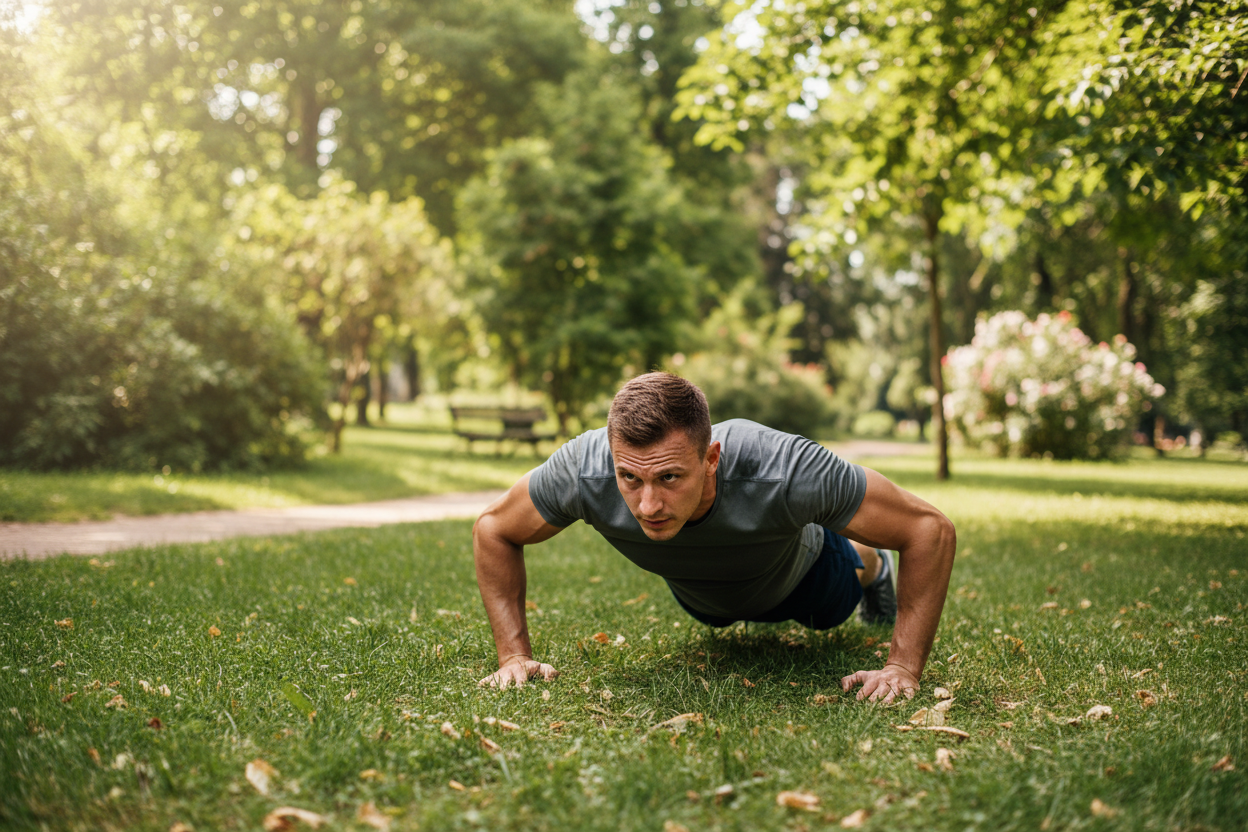 hombre haciendo flexiones de brazos en un parque.